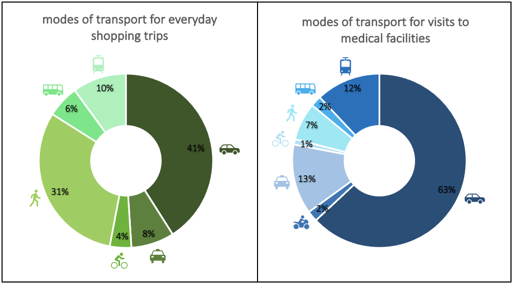 Figure 3: Modal Split of mobility regarding to shopping habits and medical facility usage, n=49 
          Source: own figure
          