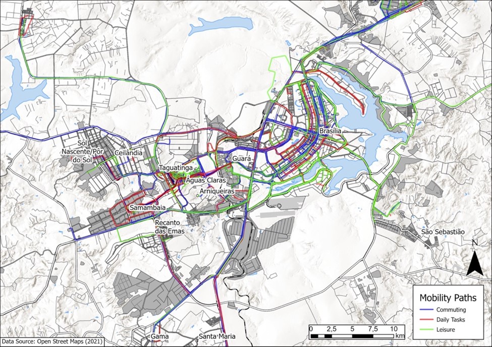 Figure 1: The digitalised results of the participative mapping method. Mobility paths have been coloured to reflect mobility motivations. This data was later broken down by other variables such as education level of participants, age and location. n = 74. Source: Own figure, Cartographic elements from openstreetmap.org, map processed using ArcGIS Pro. (2022)