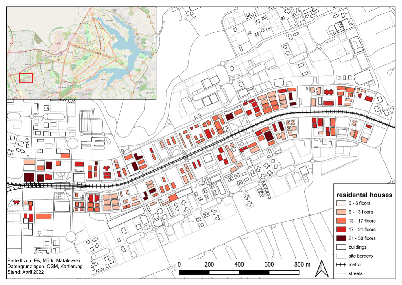 Figure 1: Mapping of the residential buildings divided into the number of floors (own figure)